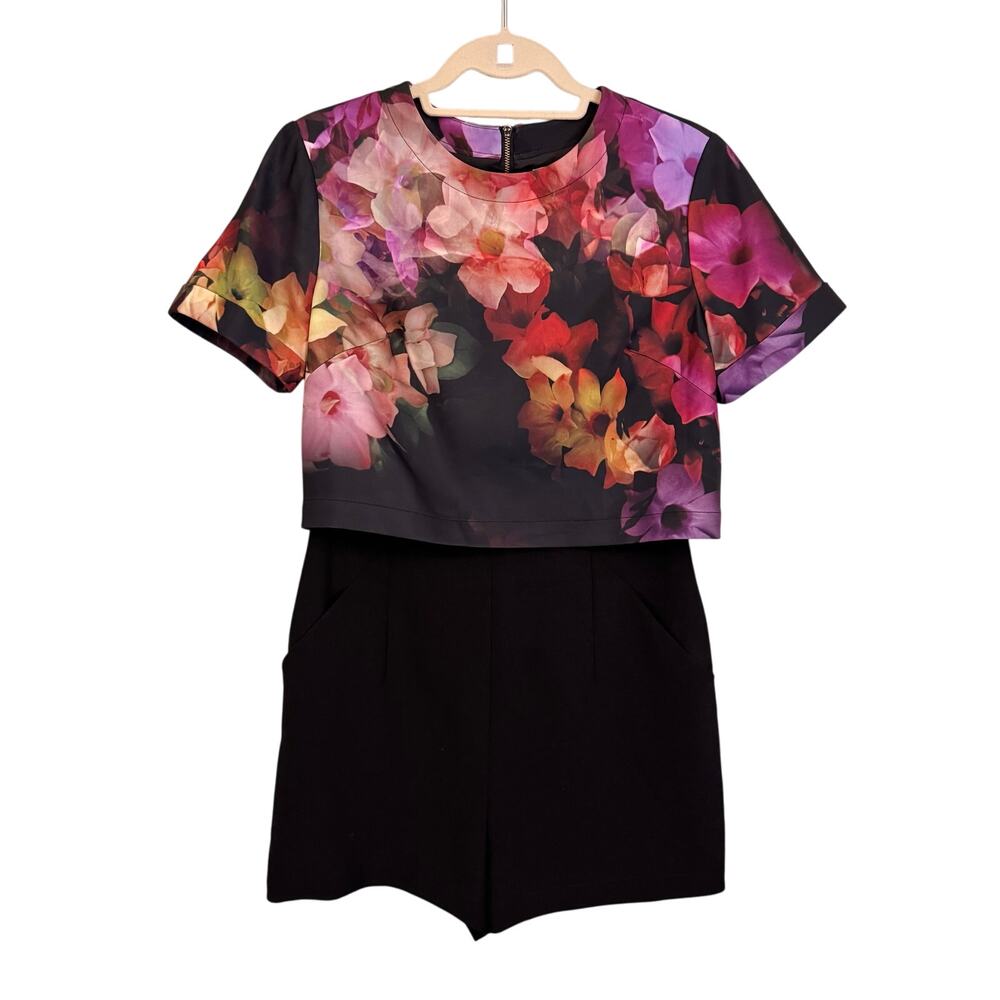 Ted Baker Romper Playsuit 2 Rosely Multi Cascading Floral Short Sleeves Black